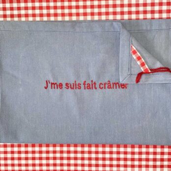 UPCYCLING, TORCHON DRAP RETEINTE BRODERIE J'ME SUIS FAIT CRAMER ROUGE BY BROC INTO THE MOON