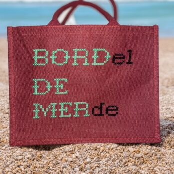CABAS EN TOILE DE JUTE ECRUE BRODERIE BORDEL DE MERDE VERT FLUO