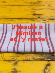 Torchon de cuisine Landais broderie machine, 100% coton, 50X70 cm,, texte “J’essuie à Mimizan et j’y reste”,