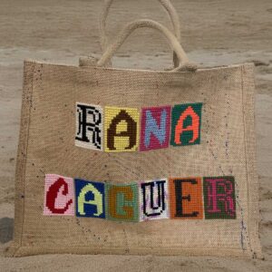CABAS EN TOILE DE JUTE LAMINEE ECRU, BRODERIE PUNK EN POINT DE CROIX, RANA CAGUER