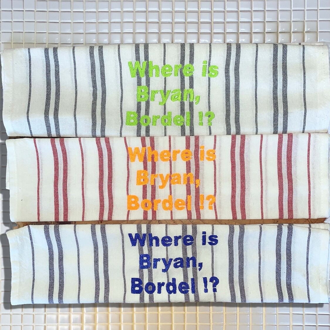 TORCHON 100 % COTON, RAYE, BRODERIE WHERE IS BRYAN, BORDEL