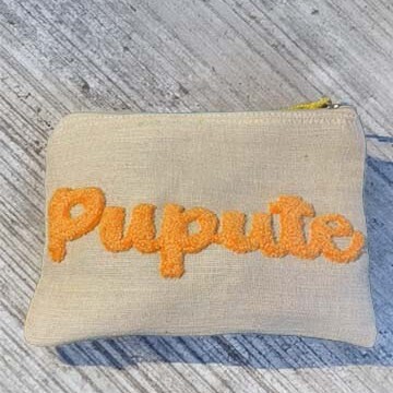 pochette en toile de jute et coton beige, broderie punch needle fil orange, pupute