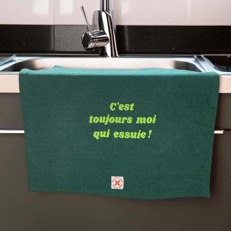 TORCHON DE CUISINE EN LIN LAVE VERT BOUTEILLE, BRODERIE