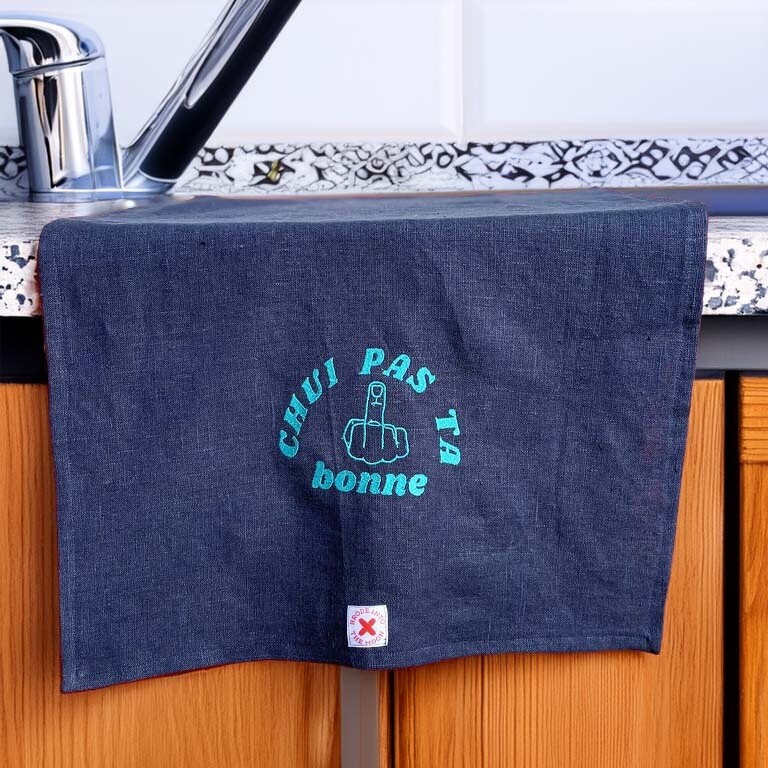 TORCHON EN LIN LAVE BLEU, BRODERIE