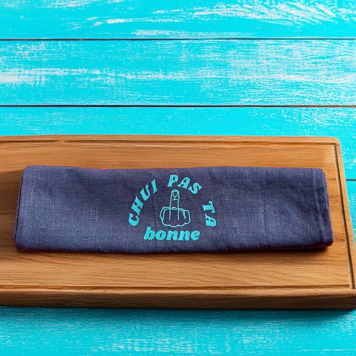 TORCHON EN LIN LAVE BLEU, BRODERIE 