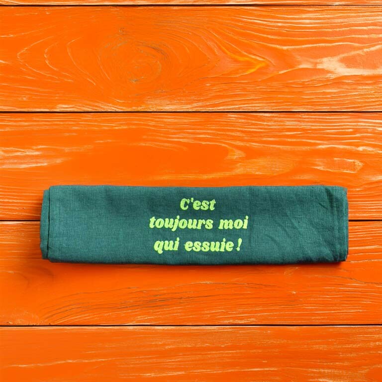 TORCHON DE CUISINE EN LIN LAVE VERT BOUTEILLE, BRODERIE 